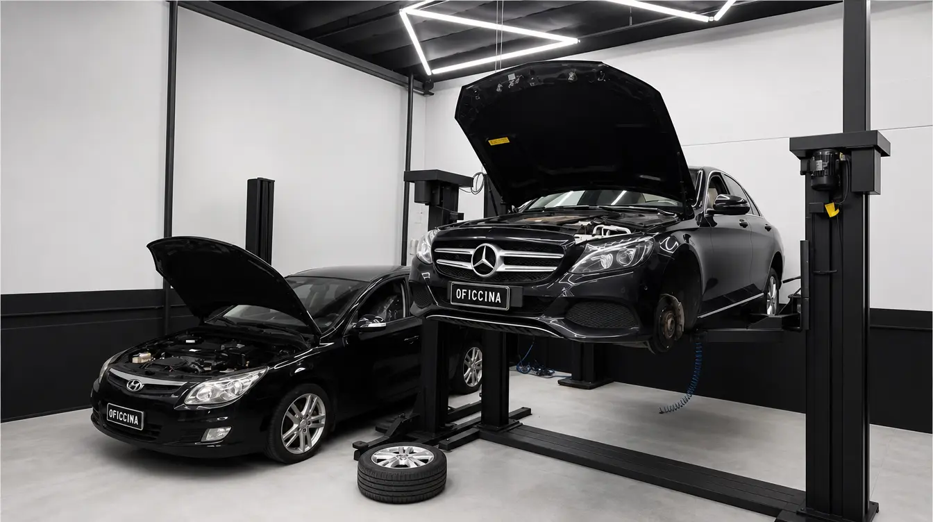 Mercedes-Benz e Hyundai nos elevadores, com o teto de LED da oficina ao fundo