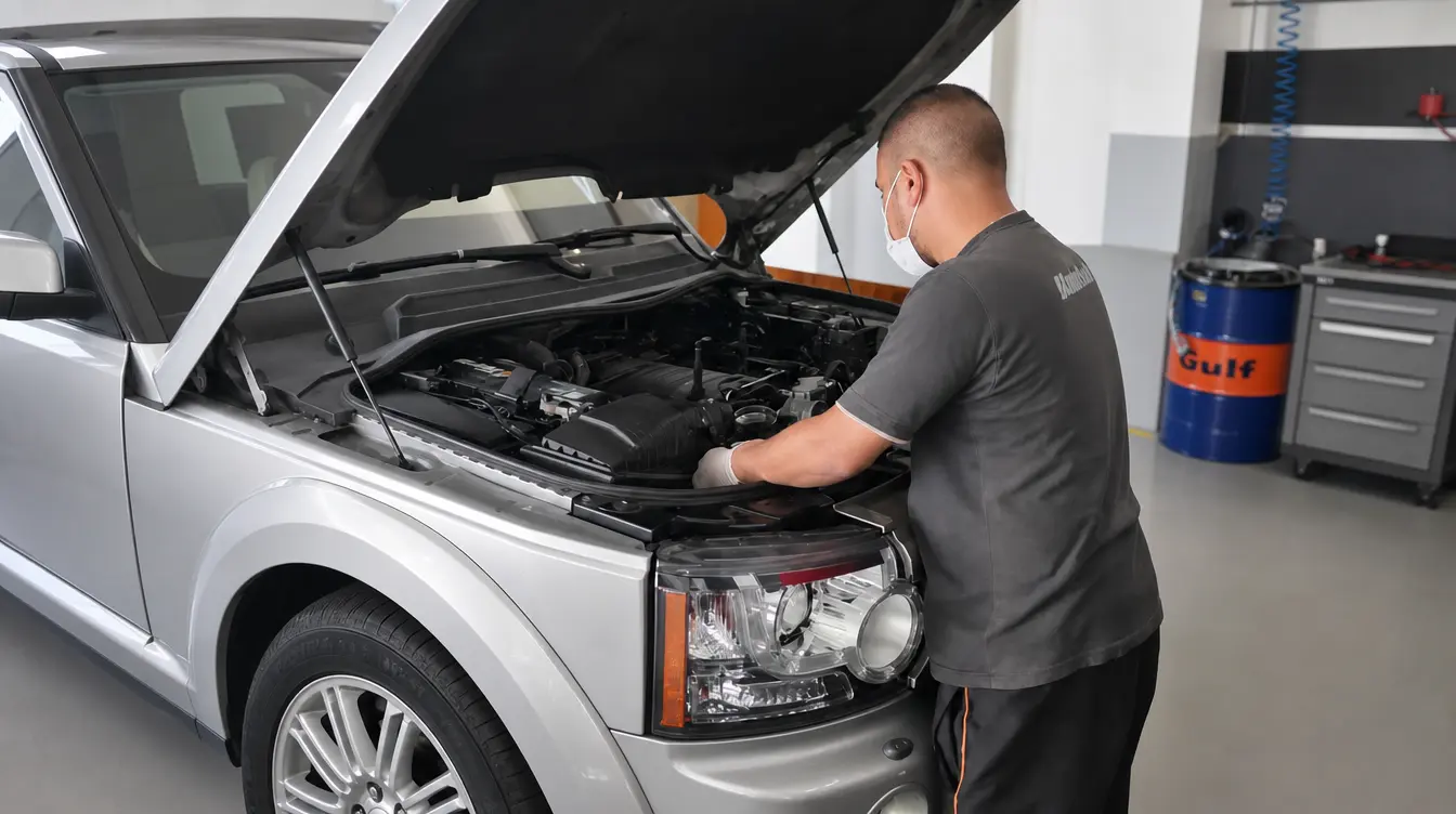 Técnico da Oficcina em revisão no motor de um Land Rover