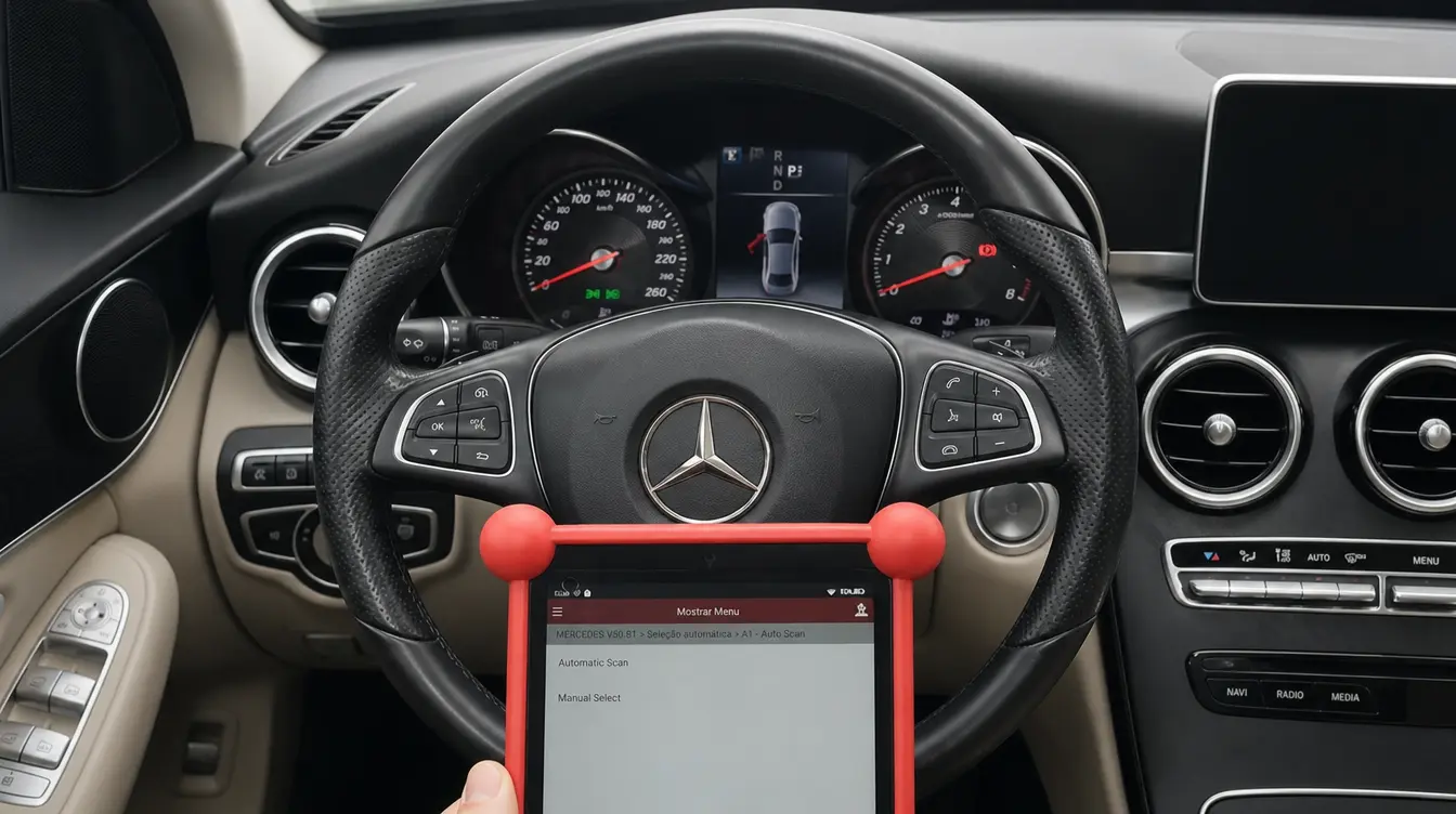Scanner de diagnóstico conectado ao volante de um Mercedes-Benz