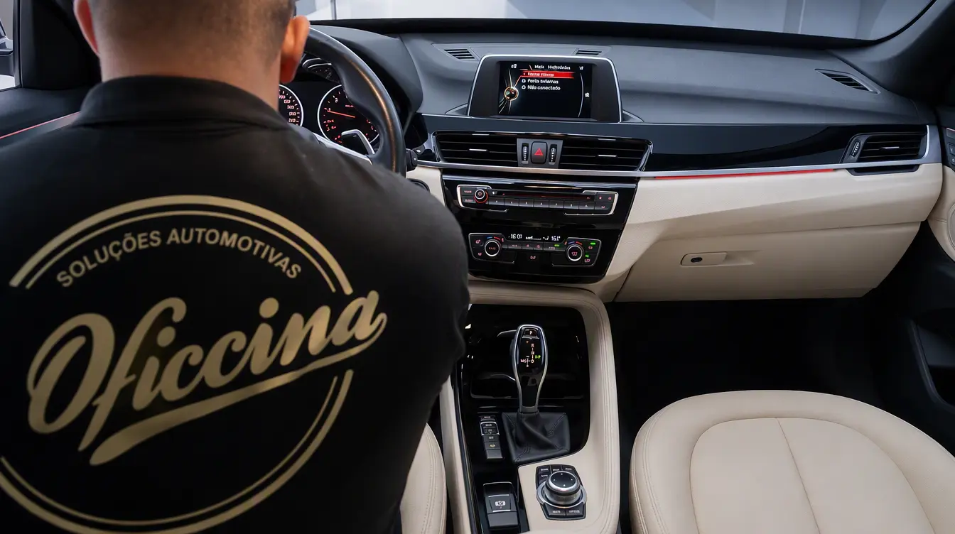 Técnico com uniforme Oficcina em atendimento a um BMW