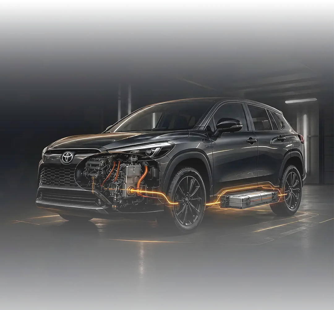 SUV híbrido com o motor a combustão e a bateria de tração expostos, conectados por cabos de alta tensão