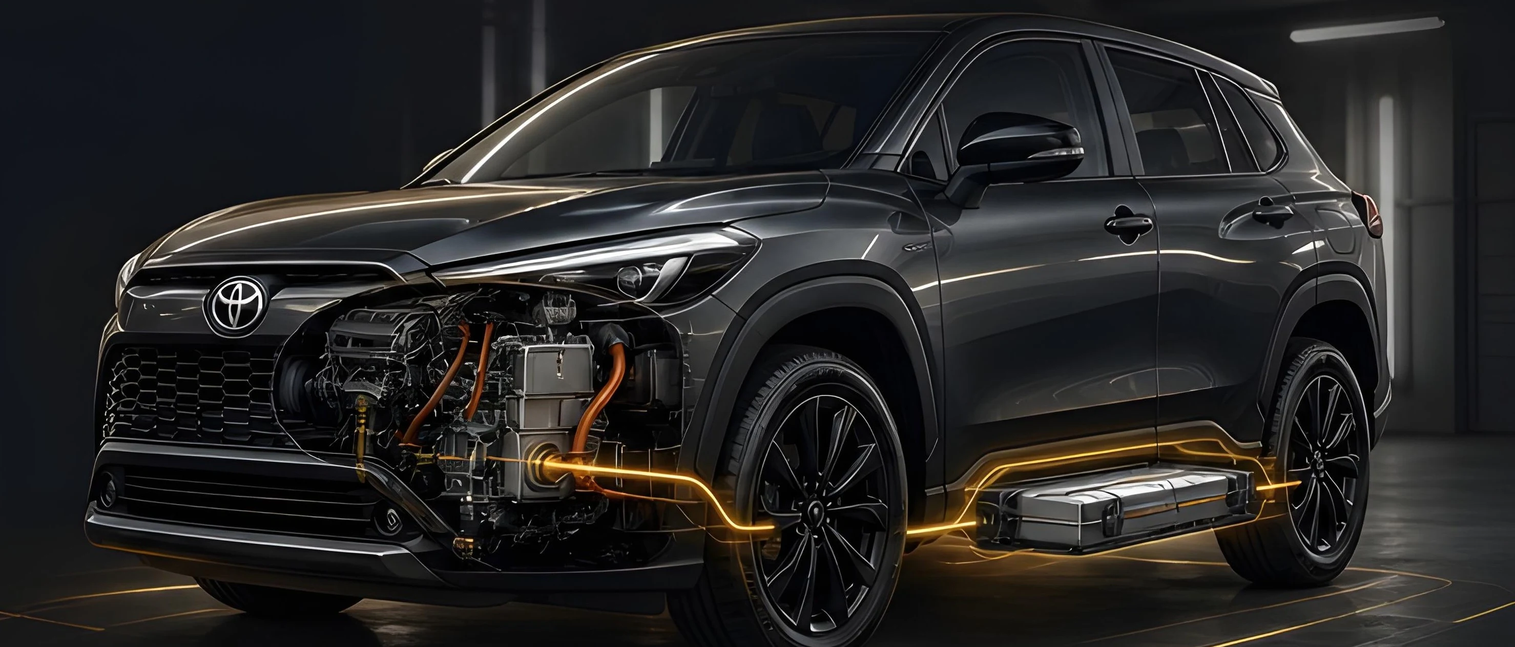 SUV híbrido com o motor a combustão e a bateria de tração expostos, conectados por cabos de alta tensão